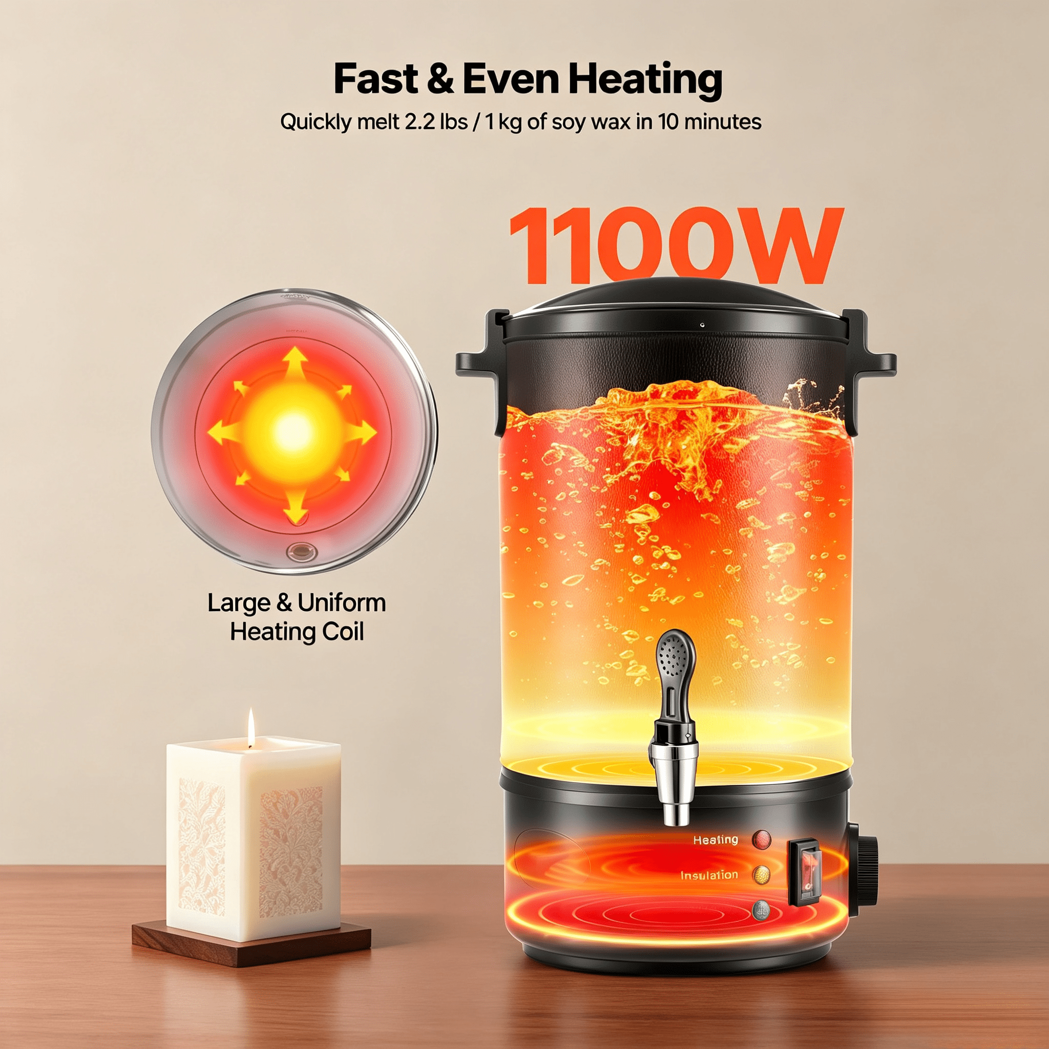 Wax Melter for Candle Making 5.3 Qts, 1100W Fast Heating, 86-230°F Temp Control, Easy Pour Spout, Hourglass Base for Soap Cosmetics