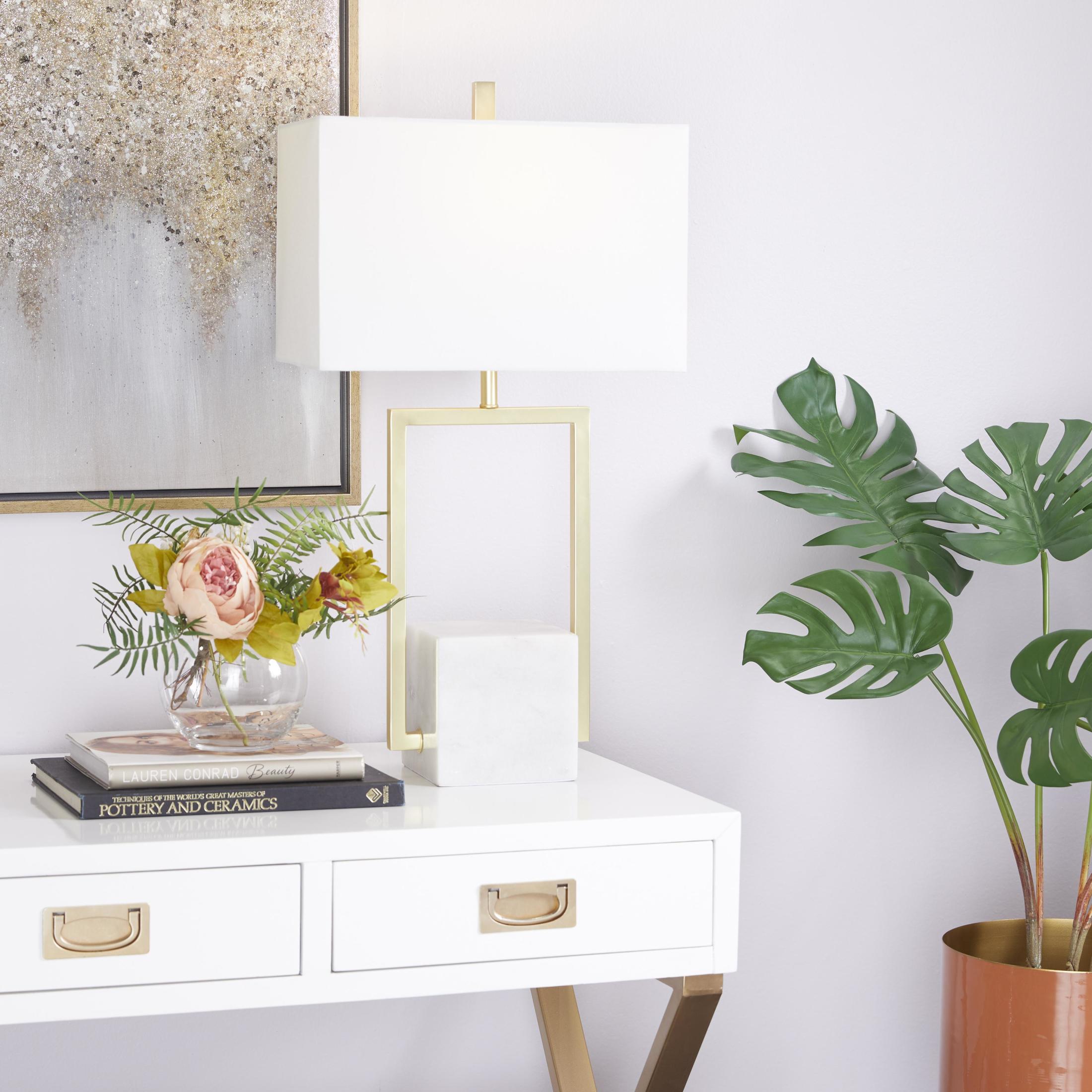 CosmoLiving by Cosmopolitan 27" Geometric Gold Table Lamp with Cream Linen Shade