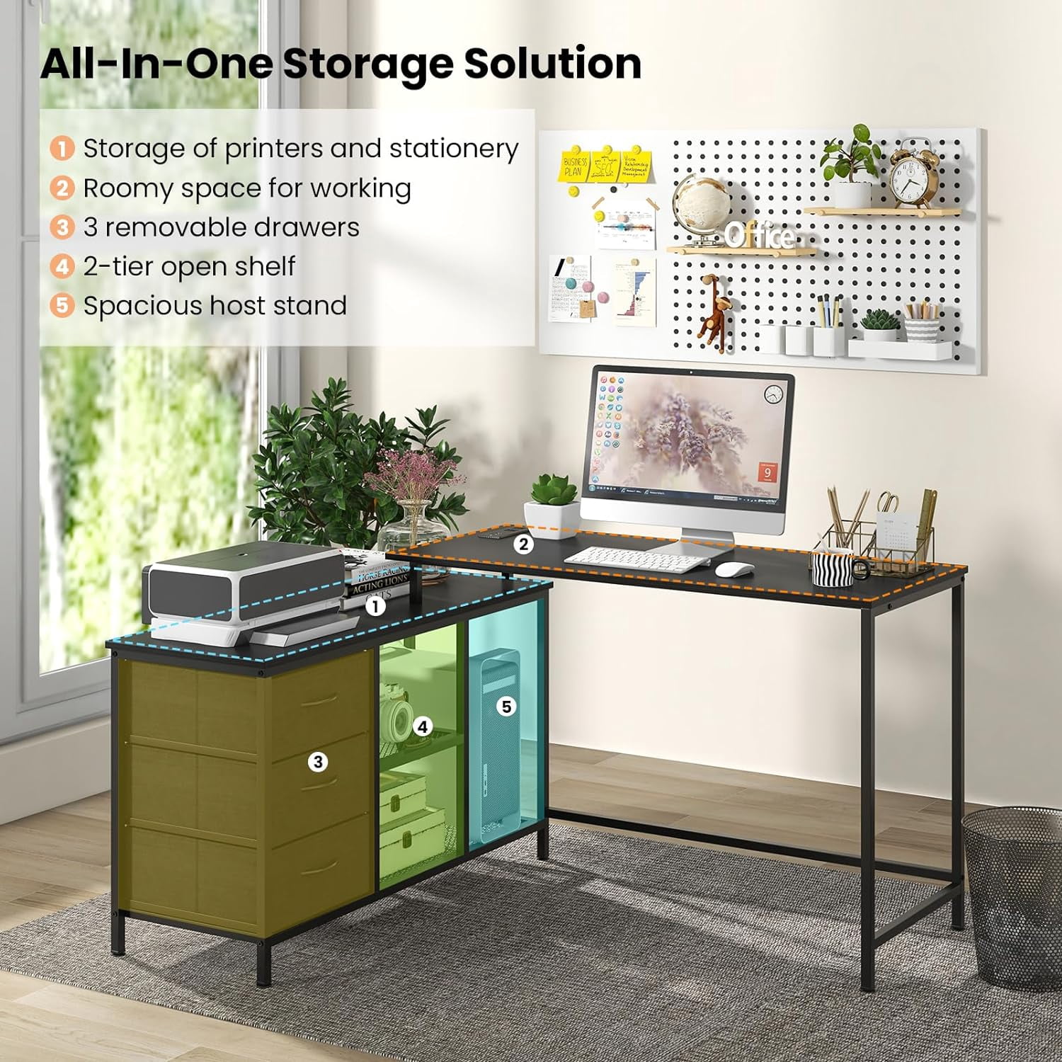 HJTER L Shaped Computer Desk with Drawers, 81" Convertible Corner Desk with Charging Station and Storage Shelves, Study Writing Desk, Modern Long Corner Gaming Table for Home Office (Black)