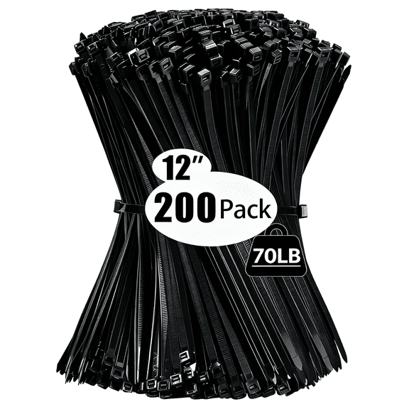 ICERUN 200 Pack Zip Wire Ties 12" Cable Zip Ties Black Tie Wraps with 70 Pounds Tensile Strength,Self-Locking Cable Ties,Uv Resistant Thick Nylon Wire Ties for Indoor and Outdoor Black