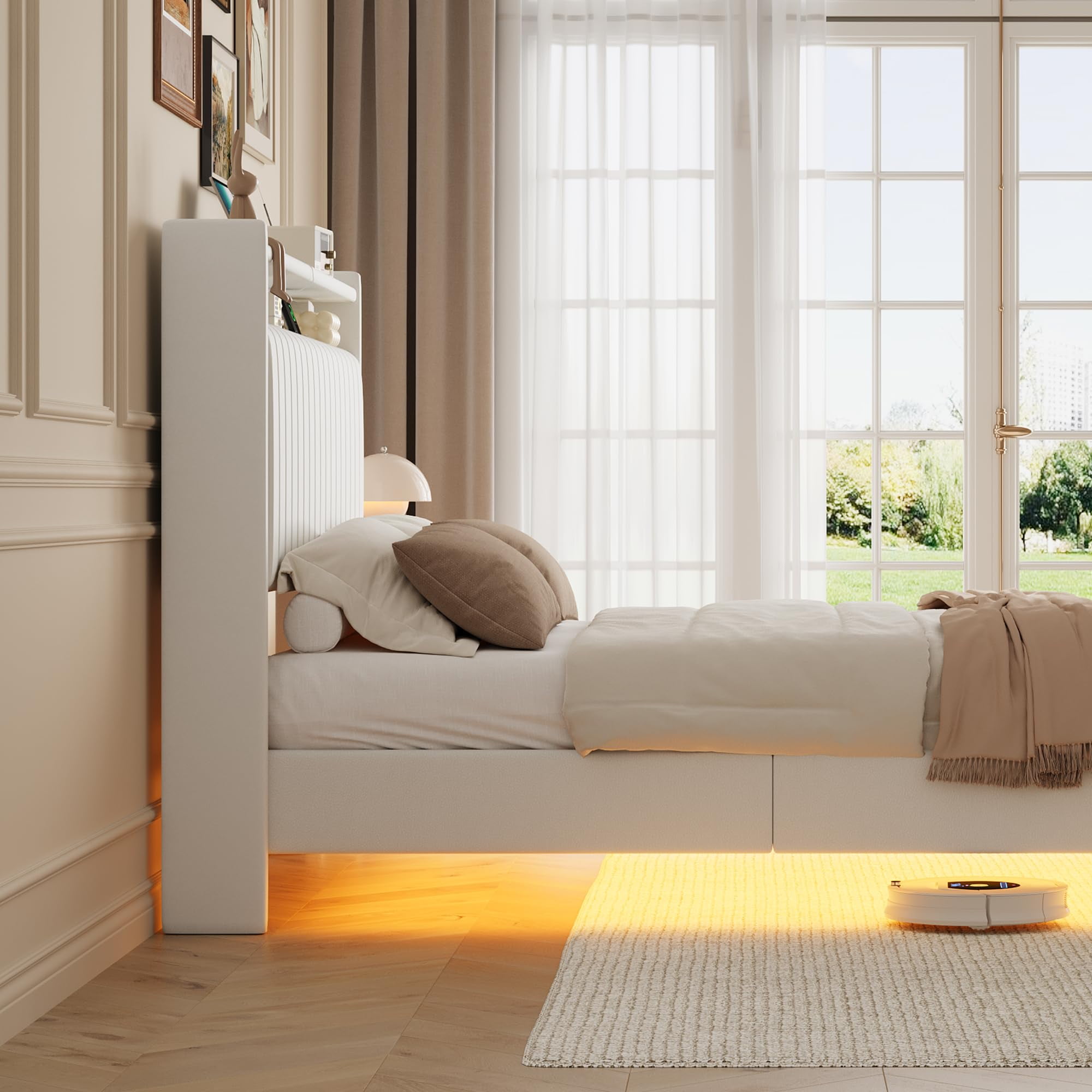 Towallmark Queen Size Floating Bed Frame with LED Lights & Charging Station,Upholstered Leather Platform Bed Frame with Headboard,50" Tall Floating Bed with Stable Structure,White