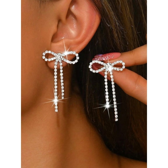 Clear Rhinestone Bow Dangle Earrings With Crystal Tassels For Women
