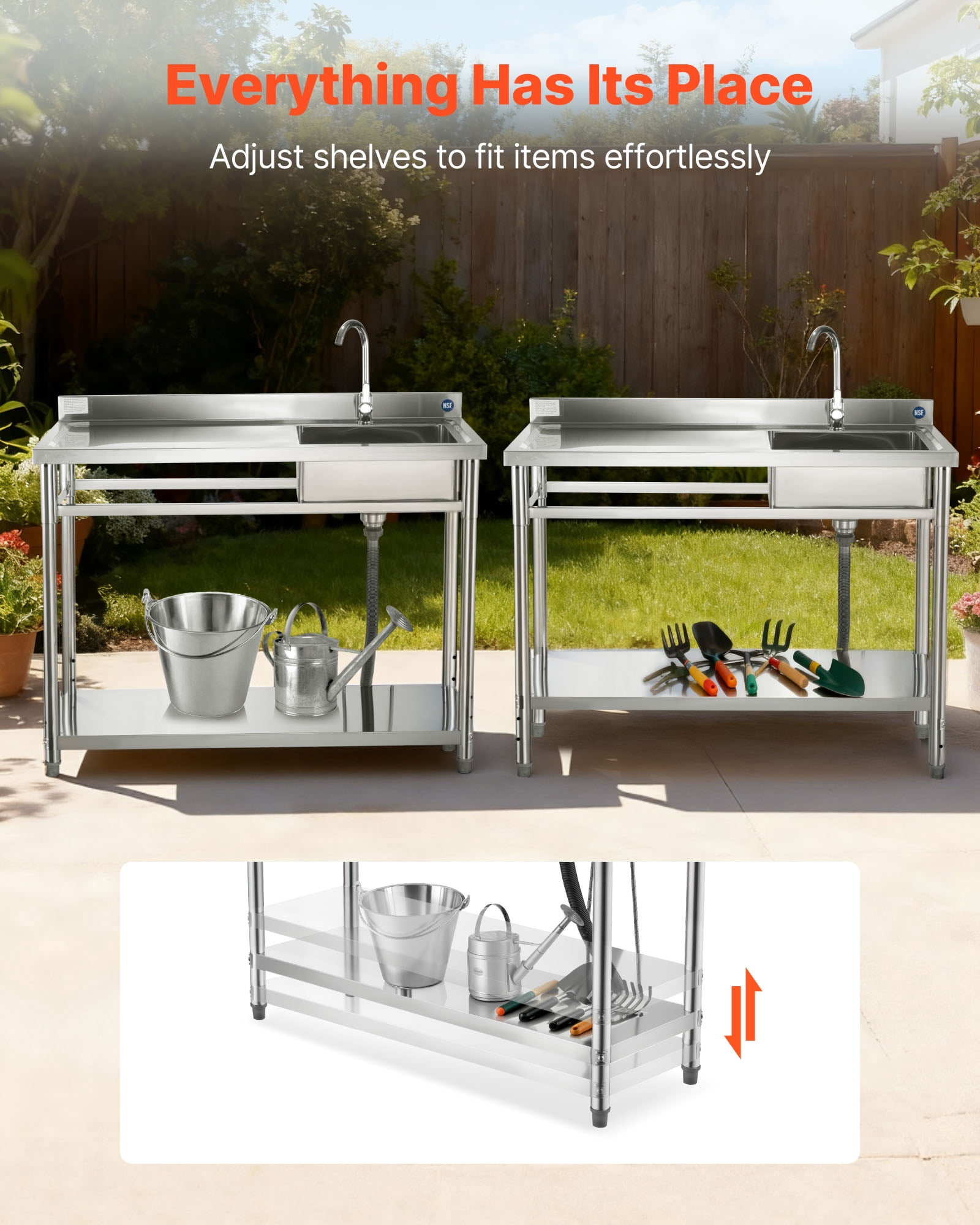 VEVOR Stainless Steel Utility Sink, Free Standing Single Bowl Commercial Kitchen Sink with Faucet, Utility Left Basin Workbench with Hot & Cold Water Pipe for Garage Restaurant Laundry, 47x19.7x37 in