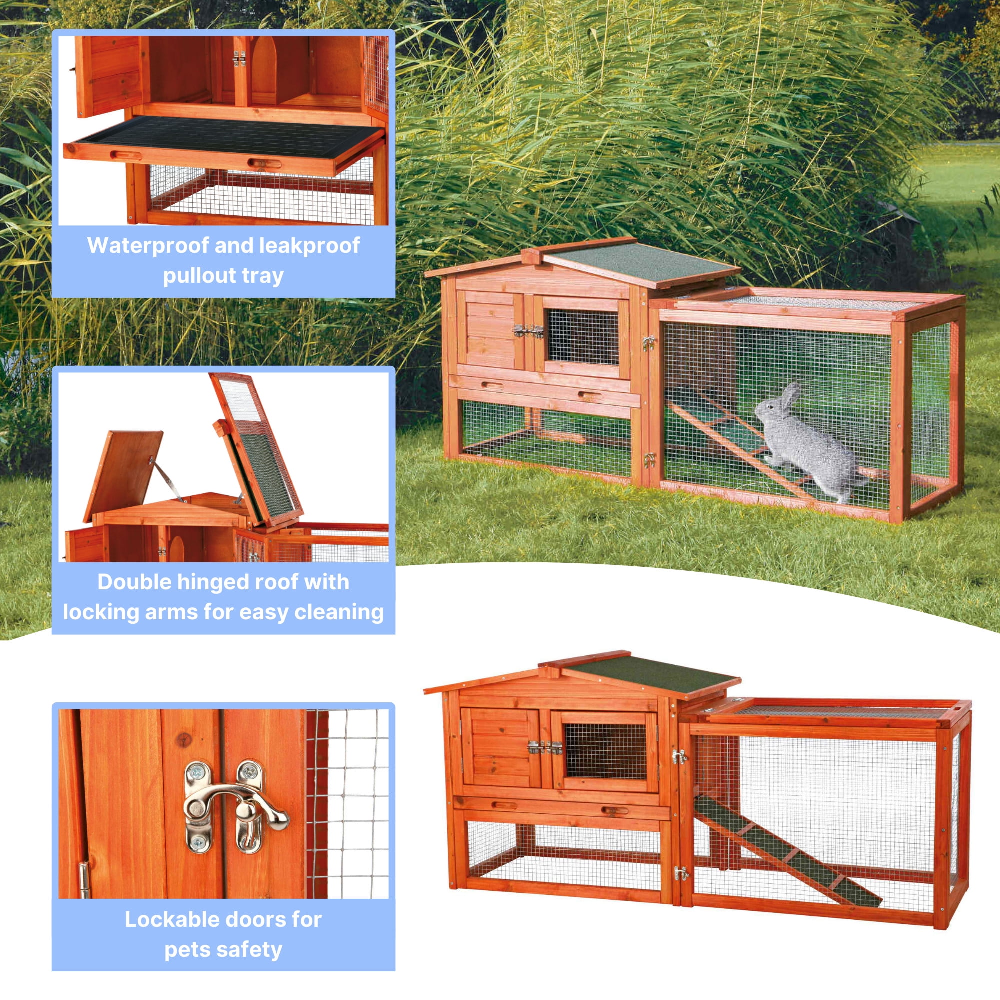 TRIXIE Weatherproof Outdoor 2-Story Wooden Small Animal Hutch, Run & Pull-Out Tray, Brown