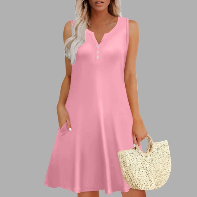 SEAOPEN Robes Sans Manches pour Femmes, Coupe Ample, Tunique, Robe de Plage, Vacances, avec Poche, Rose, m