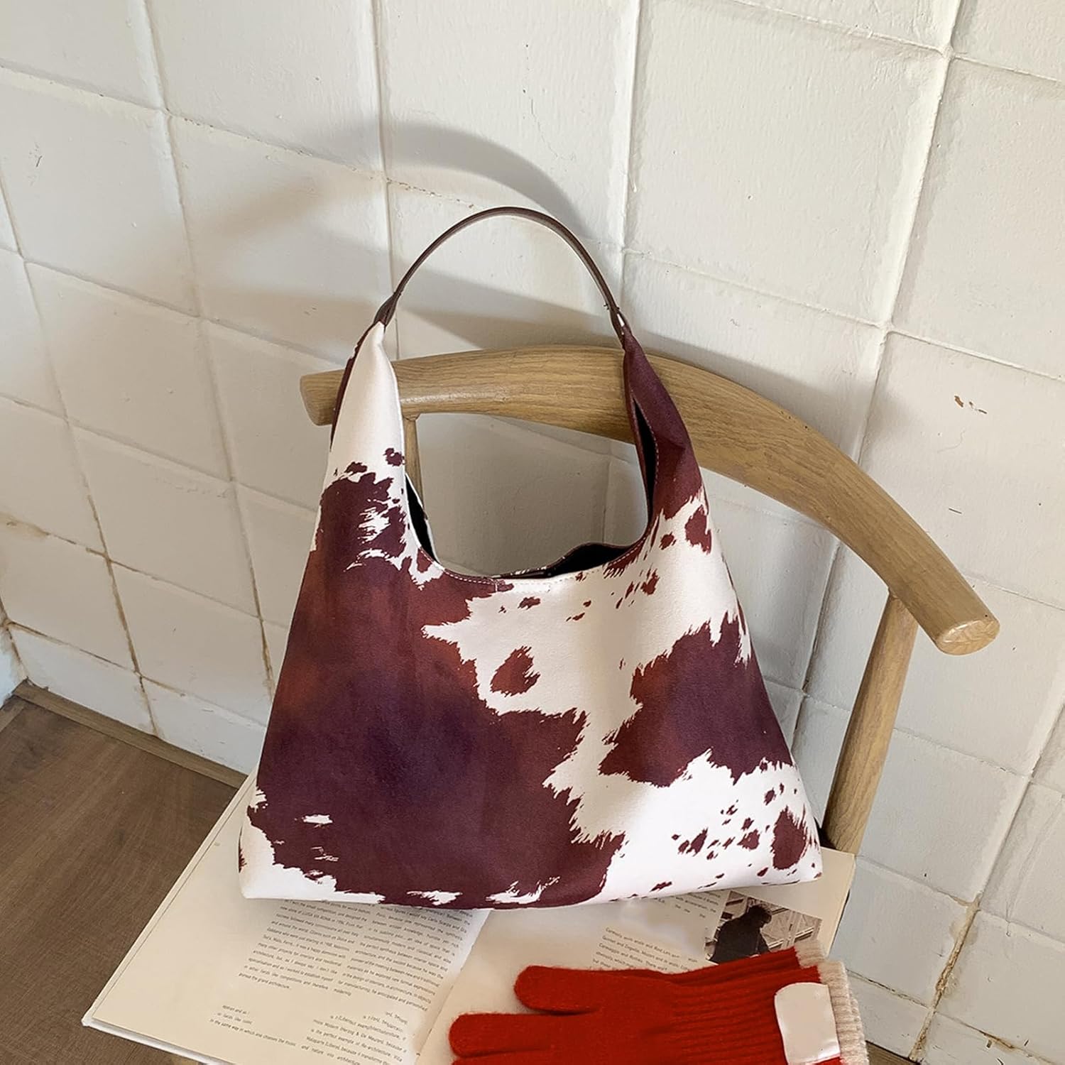 SPEKSEE Cow-Print Shoulder Bag for Women, Coquette Large Capacity Underarm Top handle Purse, Slouchy Hobo Tote Bag for Fall