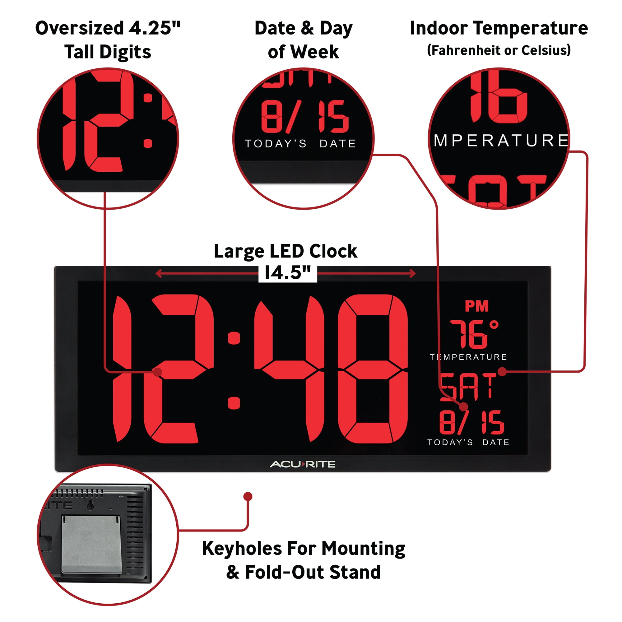 AcuRite Large 14.5" Digital LED Oversized Wall Clock with Date, Temperature and Fold-Out Stand, Red