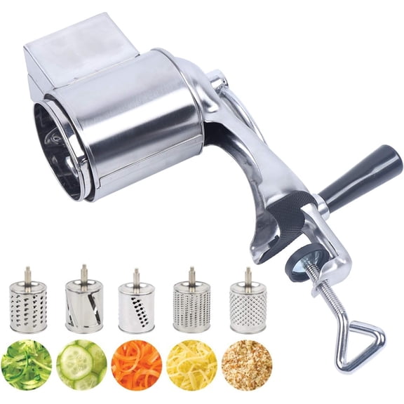Manual Rotary Vegetable Grater, Stainless Steel Slicer Shredder with 5 Drum Blades & Fixed Clip for Kitchen Restaurant Use