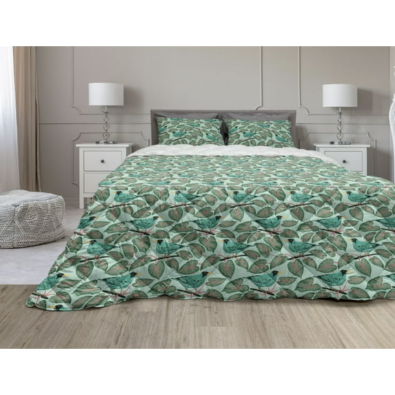 Tropical Comforter & Sham Bedding Set, Exotic Flora and Fauna Vintage Illustration with Birds and Jungle Plants Foliage, 3 pcs Duvet Set Microfiber Filling Quilt, 5 Sizes, Multicolor, by Ambesonne