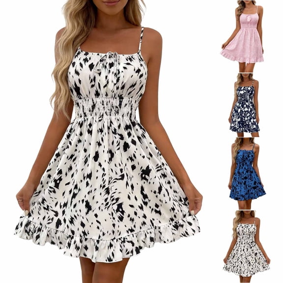 Summer Midi Dress For Women Spaghetti Strap Drawstring Print Ruffled Dresses Casual Comfy Stylish Sundress (XL, White)