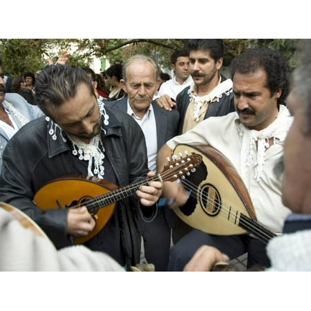Village Patio Wedding Musicians Attending a Village Wedding, Anogia, Crete, Greek Islands, Greece Print Wall Art By Adam Tall ()
