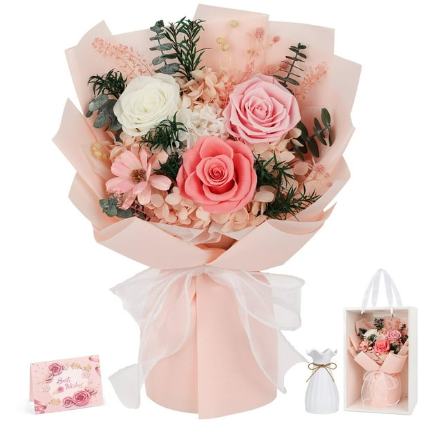 Ramo de flores preservadas TYL&TYS rosa 34 cm con jarrón