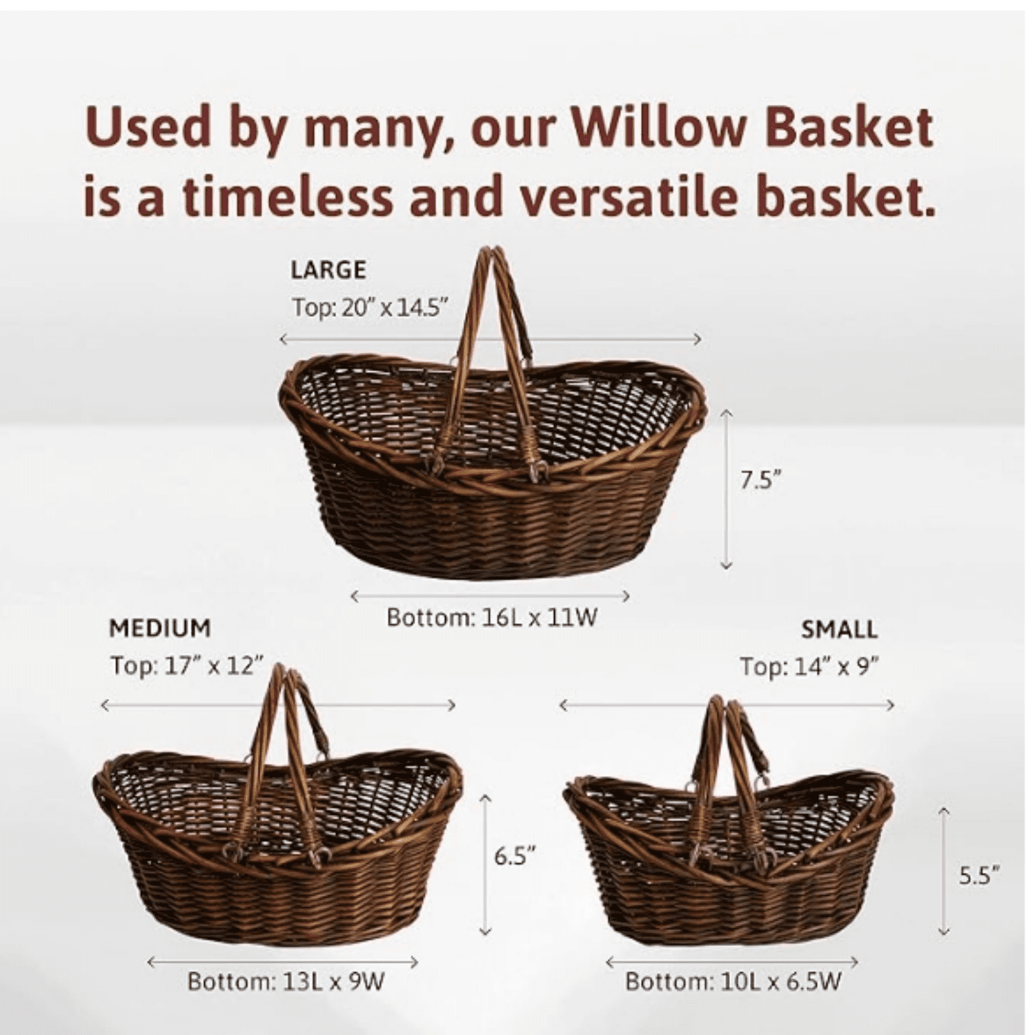 Medium Wicker Basket with Handle - Dark Brown Hand Woven Harvest Basket - Wicker Flower Basket for Storage, Picnics, Easter, Organizing, and More (17 x 6.5 inches)