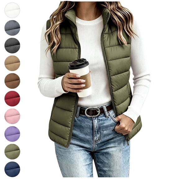 Sahpxhe Puffer Vest Women Zip Up Stand Collar Sleeveless Lightweight Warm Jackets Casual Outerwear Winter Layering Piece Army Green L