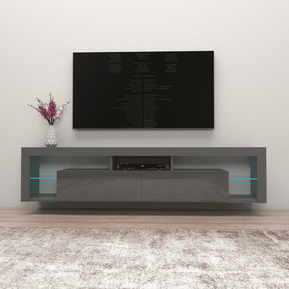 Milano 200 Floating TV Stand for TVs up to 90", Modern High Gloss 79" Entertainment Center, Wall Mounted TV Media Console with Storage Cabinets and LED Lights