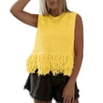 thumbnail image 2 of Vivianyo HD Women's Fringe Hem Hollow Knit Sleeveless Tank Top, Boho Crochet Casual Crop Vest Top, Women's Yellow, Sizes S-2XL, 2 of 8