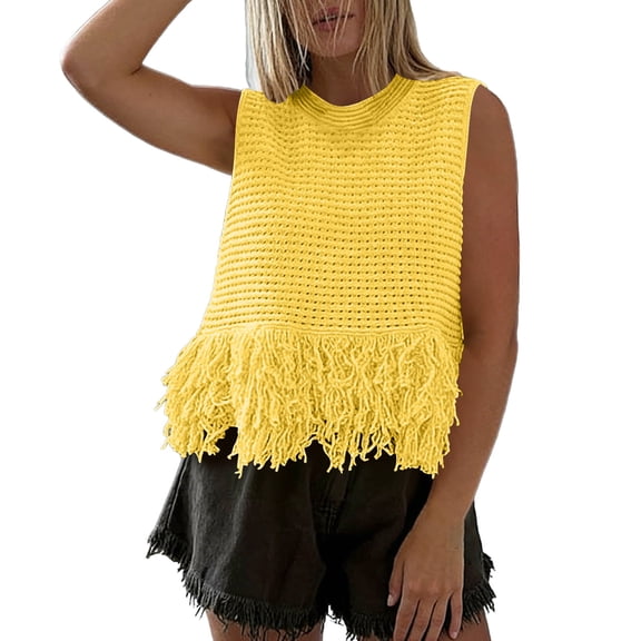QSAWXQZ Women's Knit Sweater Tank Crew Neck Sleeveless Fringe Hem Blouse Casual Pullover for Summer L