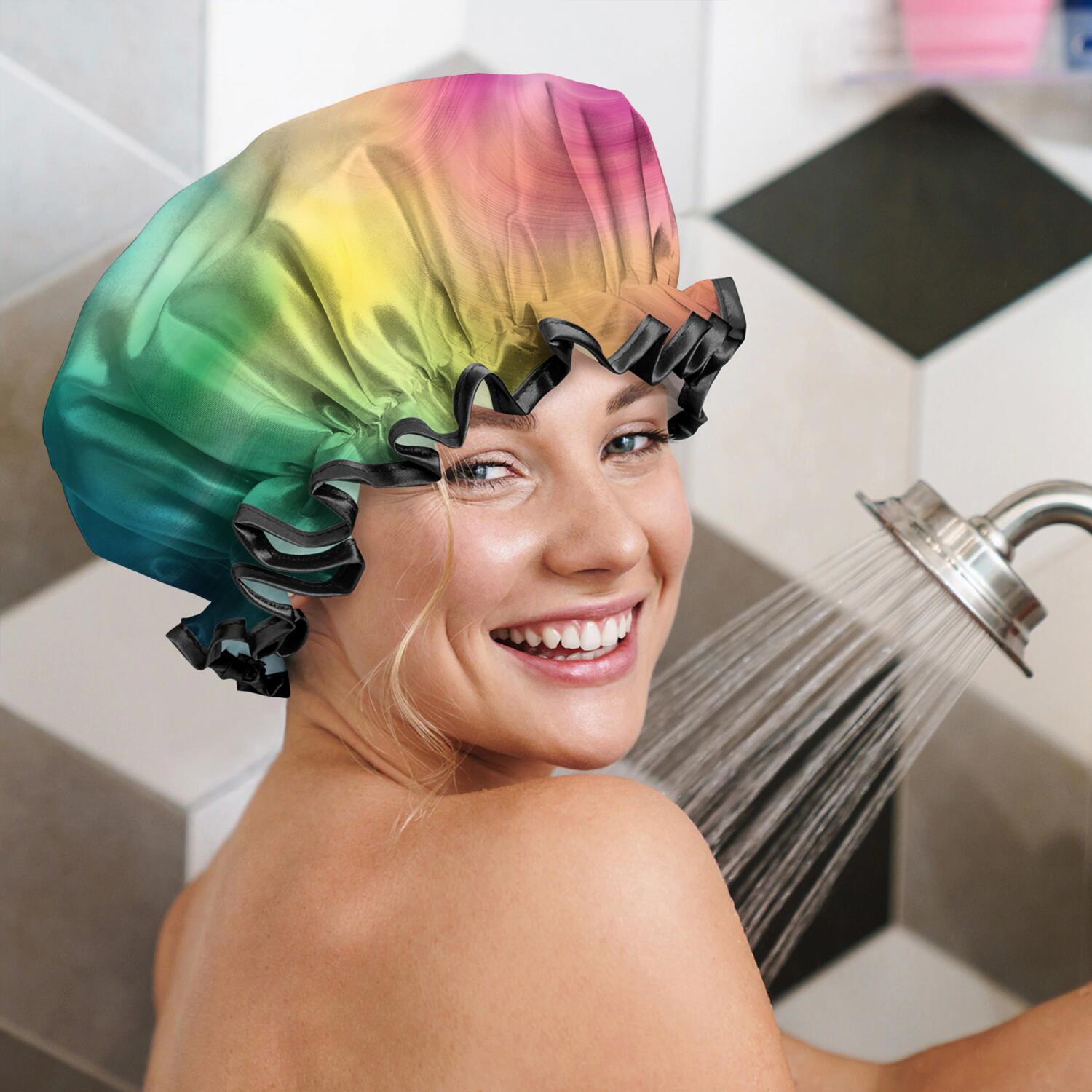 Shower Caps,Rainbow Tie Dye Swirl Pattern Waterproof Shower Cap for Women 4 Pieces,Double Reusable Hair Cover for Shower PEVA Elastic Stretch Hem