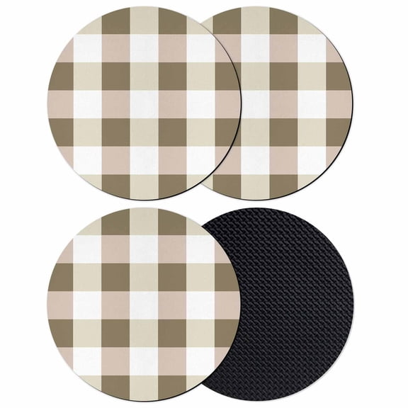 Brown Plaid Coasters Set of 4, Spring Summer Farmhouse Buffalo Checkered Absorbent Coasters for Drinks, Coaster for Bar Office Dining Coffee Table Accessories Decor, Non Slip Round Desk Coaster