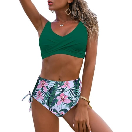 Women s Twist Front High Waisted Bikini Swimsuit Drawstring Tie Side Bottom Two Piece Bathing Suit