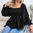 thumbnail image 2 of Women'S Long Sleeve Square Neck Lantern Shirred Ruffle Hem Smocked Peplum Babydoll Blouse Shirt Top Black S, 2 of 7