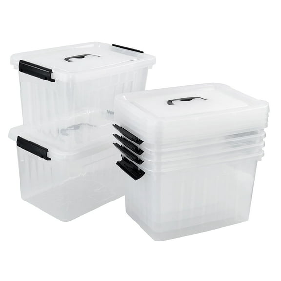 Yesdate Plastic Storage Bins with Lids, 6 Pack Storage Organizer, 10 L Stackable Storage Bins with Buckle-Up Latches and Handle, Storage Totes for Home Office Pantry Organization, Clear