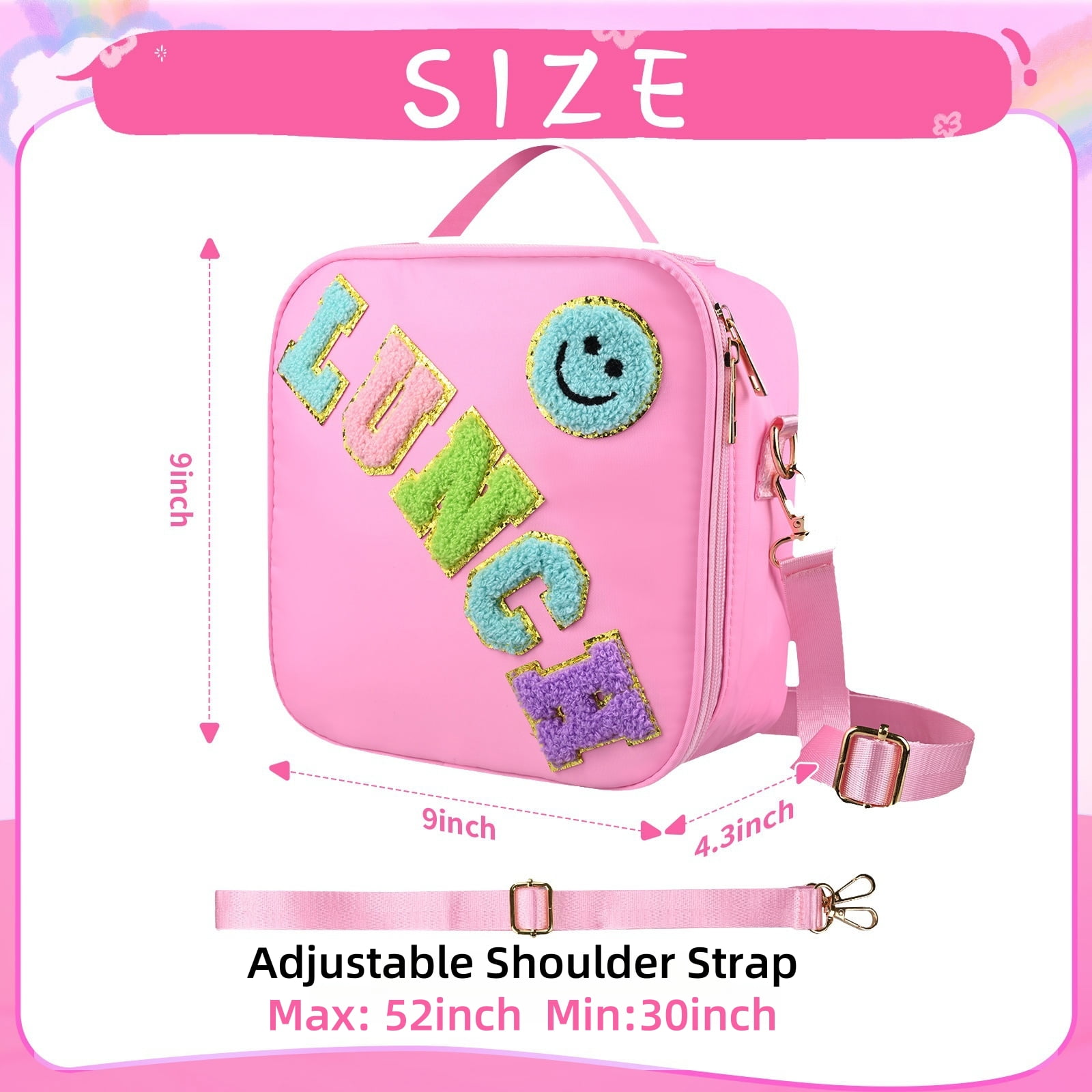 Smiley Nylon Insulated Lunch Bag with Adjustable Shoulder Strap, Preppy Lunch Bag, Reusable School Girls Preppy Lunch Box, Kids Lunchbox, Lunch Box for Women