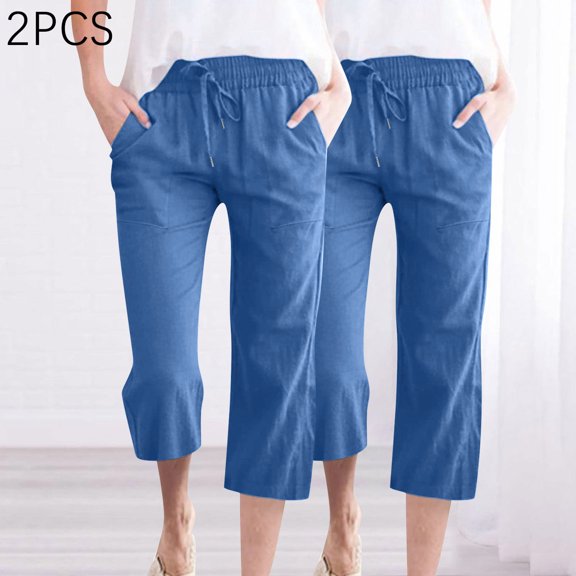 WIZUTIZ Linen Pants Women Capris Oversized Leisure Relaxed Fit Wide Leg Summer Pants Elastic Spandex Mid Rise Palazzo Pants Solid Drawstring with Pockets Beach Pants for Lady Athletic Outdoor Blue
