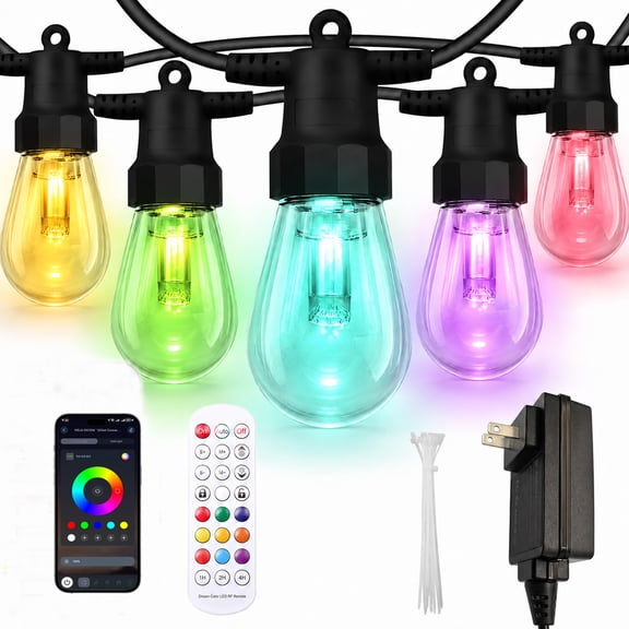 50ft Outdoor String Lights, RGB & Warm White Patio Lights with 20 Bulbs, Color Changing, App & Remote Control, Waterproof, Connectable, Backyard & Christmas Decor
