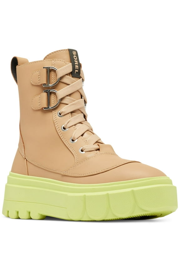 Womens Beige Contrast Sole 1" Platform Padded Back Pull-Tab Insulated Waterproof Caribou X Round Toe Wedge Lace-Up Leather Boots Shoes 7.5