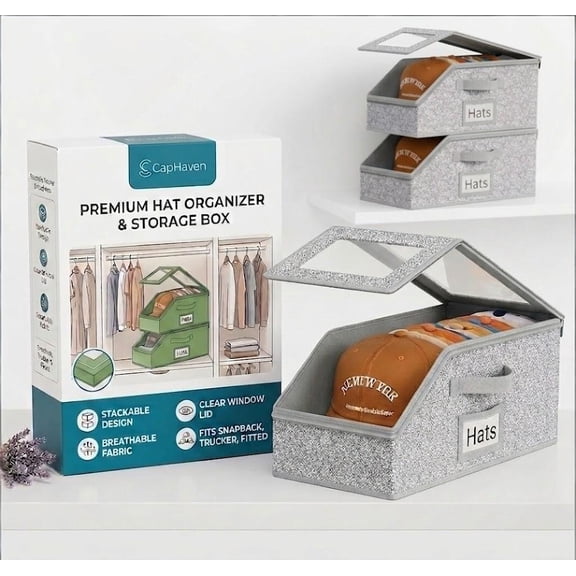 Hat Organizer for Baseball Caps, Stackable Hat Storage Box with Clear Window Lid, Baseball Cap Organizer for Closet, Breathable Cap Holder Container for Snapback, Trucker & Fitted Hats
