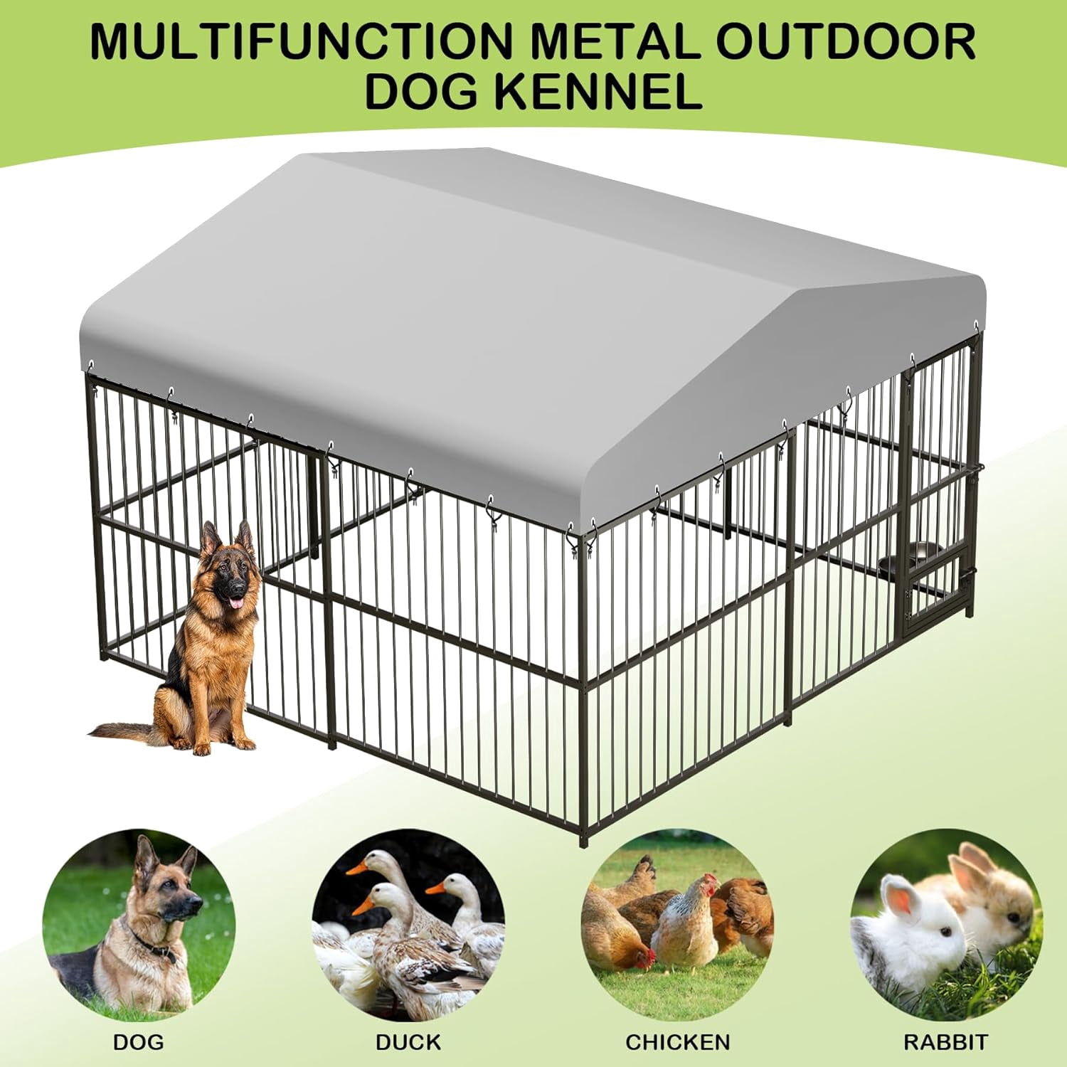 Lumiparty 10x10x6 FT Large Dog Kennel Outdoor, Heavy-Duty Outdoor Dog Cage with Lock and Waterproof Roof, Swivel Stainless Steel Feeding Bowl- Easy Assembly for Medium & Large Dogs