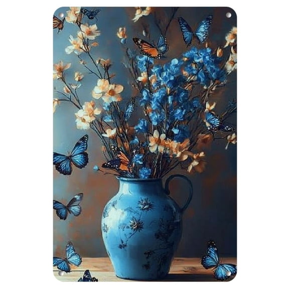 Vintage Blue Butterfly & Floral Mason Jar Metal Wall Art Plaque - Rustic Decor for Living Room, Bedroom, Kitchen, Bar (8x12 Inch), Home Decor