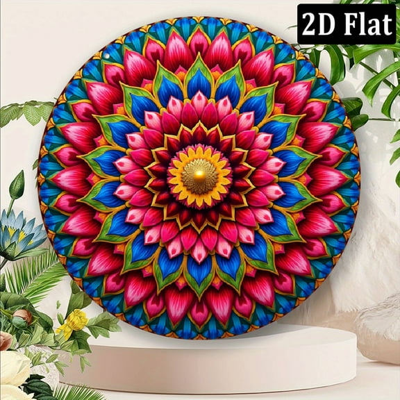 2D Flat, 1pc 8*8 Inch Round Aluminum Metal Wall Art - Vibrant Floral Mandala Design, Weather-Resistant Indoor_Outdoor Decor for Home, Cafe, Restaurant, Bar - Easy Hang with Pre-Drilled Holes