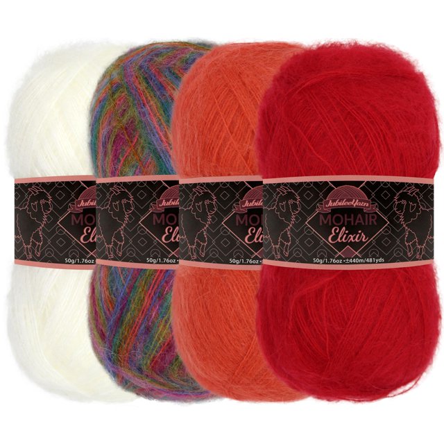 JubileeYarn Mohair Elixir Yarn - Mezcla de lana para bebé - 50 g/ovillo - Tonos de rojo - 4 ovillos