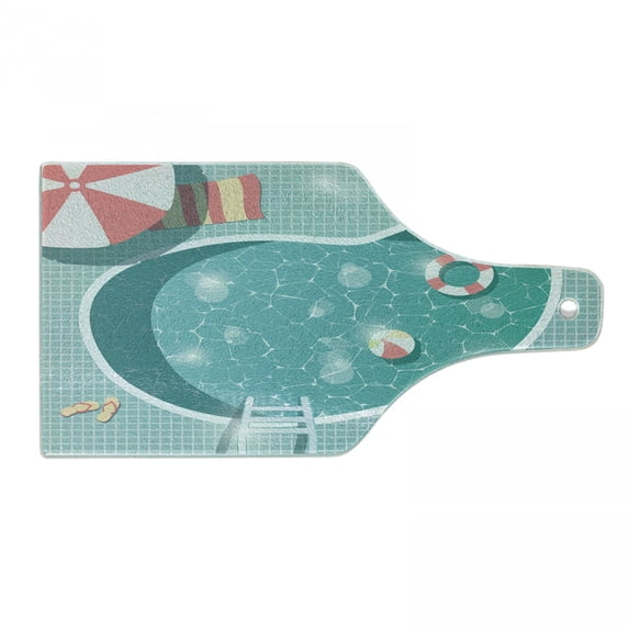Pool Party Cutting Board, Swimming Pool with Ball Buoy Flip Flops Parasol and Towel Poolside Aerial Image, Decorative Tempered Glass Cutting and Serving Board, in 3 Sizes, by Ambesonne