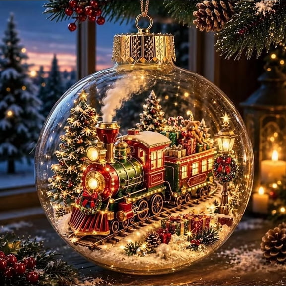Glowing Christmas Diorama Ornament, Clear Hanging Bauble with Festive Train Scene, Lighted Holiday Decor for Christmas Tree and Indoor Winter Home Display
