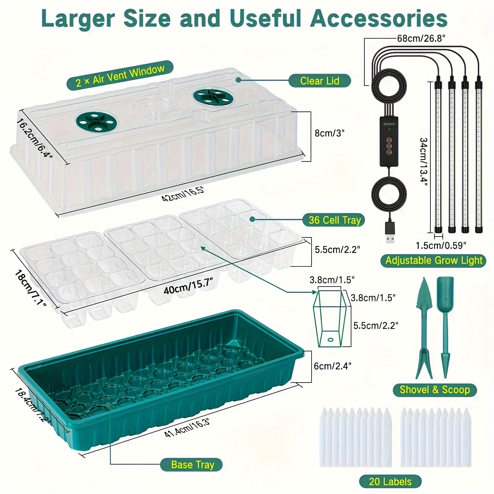 All-in-One Plant Starter Kit with Grow Light: 2 Pack 72-Cell Seedling Trays, Humidity Domes & Adjustable LED Lights for Indoor Gardening