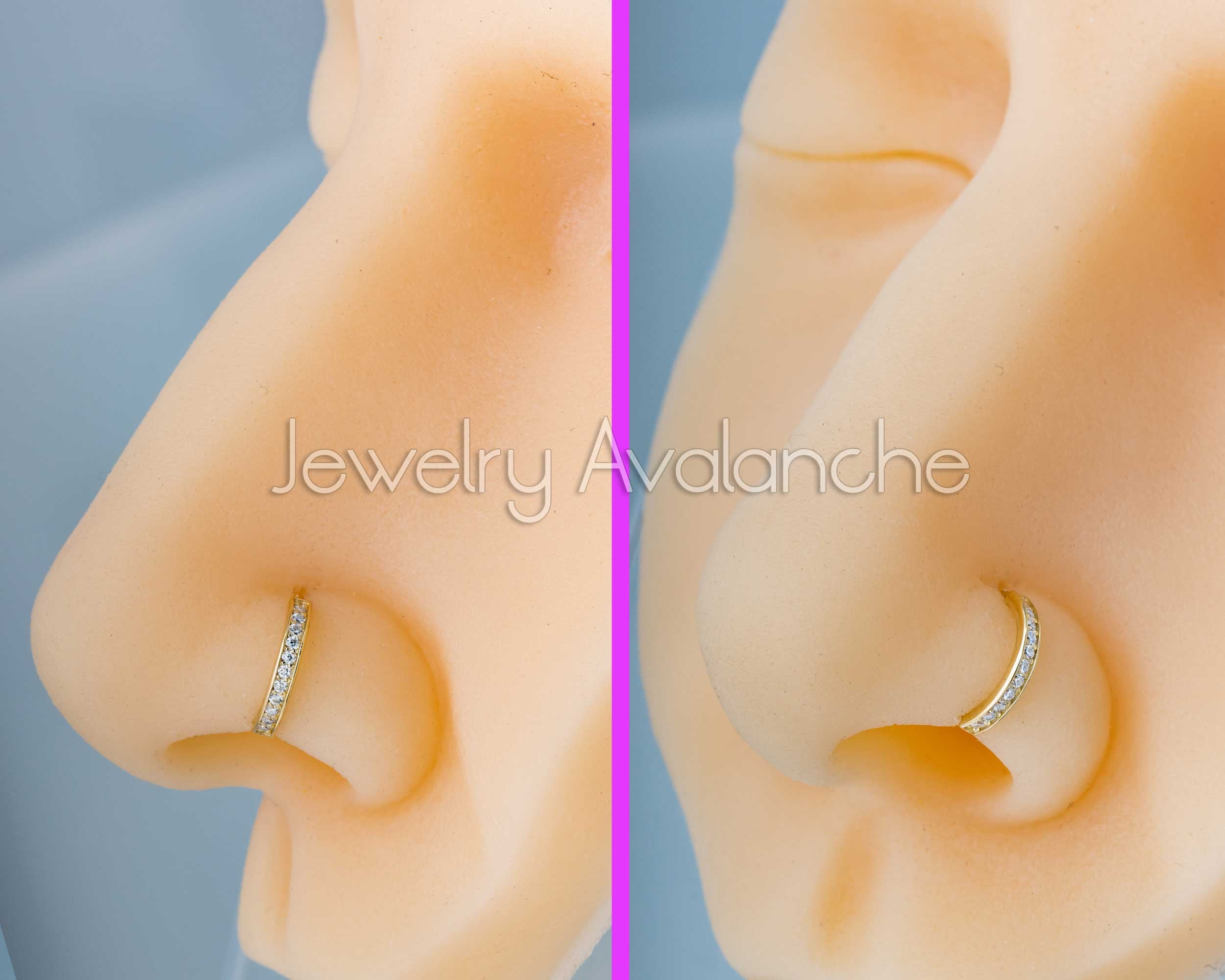 Solid 20G 14Kt White Gold Prong Set 11-Stone Moissanite Nose Ring - Ear Cartilage Ring - April Birthstone Nose Hoop - 11PRS11MNTWG