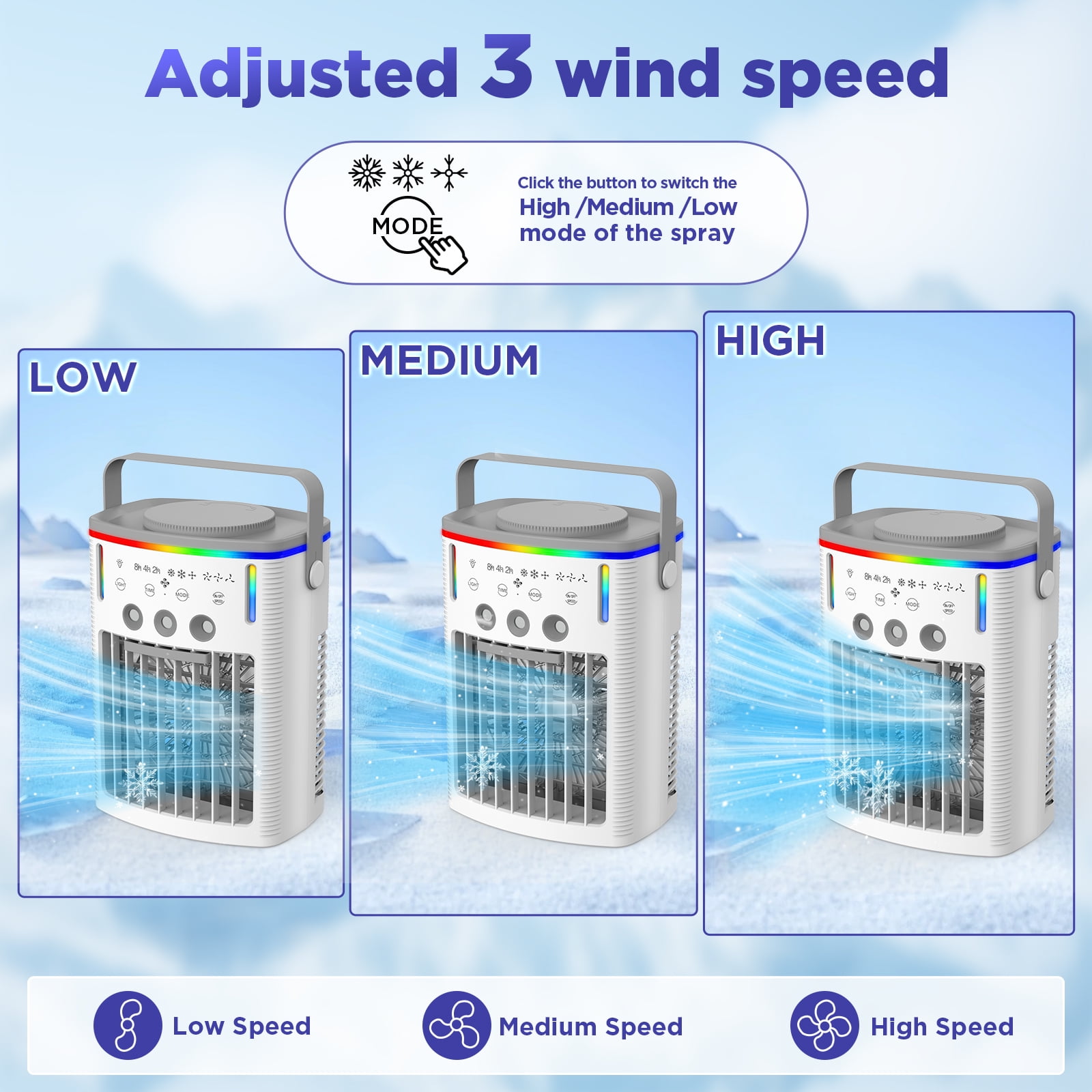 2100 RPM Quiet 4-in-1 Portable Cooling Fan with 3 Speeds, 3 Modes, 2-8 Hour Timer, 1000ml Water Tank and Colorful Night Light for Room, Camping, Car, Office Use