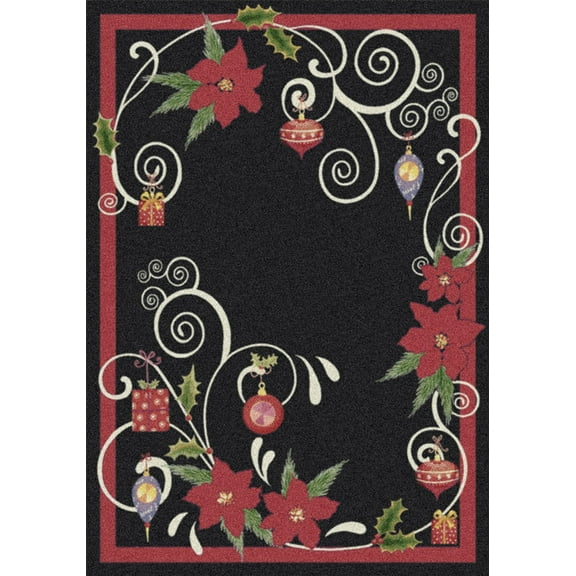 Milliken Black Floral Area Rug Poinsettia Scroll Ebony - Aprx 3' 10" x 5' 4"