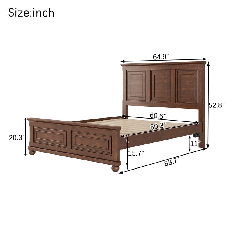 Vintage Style Queen Size Bed Frame with Tall Headboard & Ball-Shaped Legs, Wooden Platform Bed Frame with Charging Station