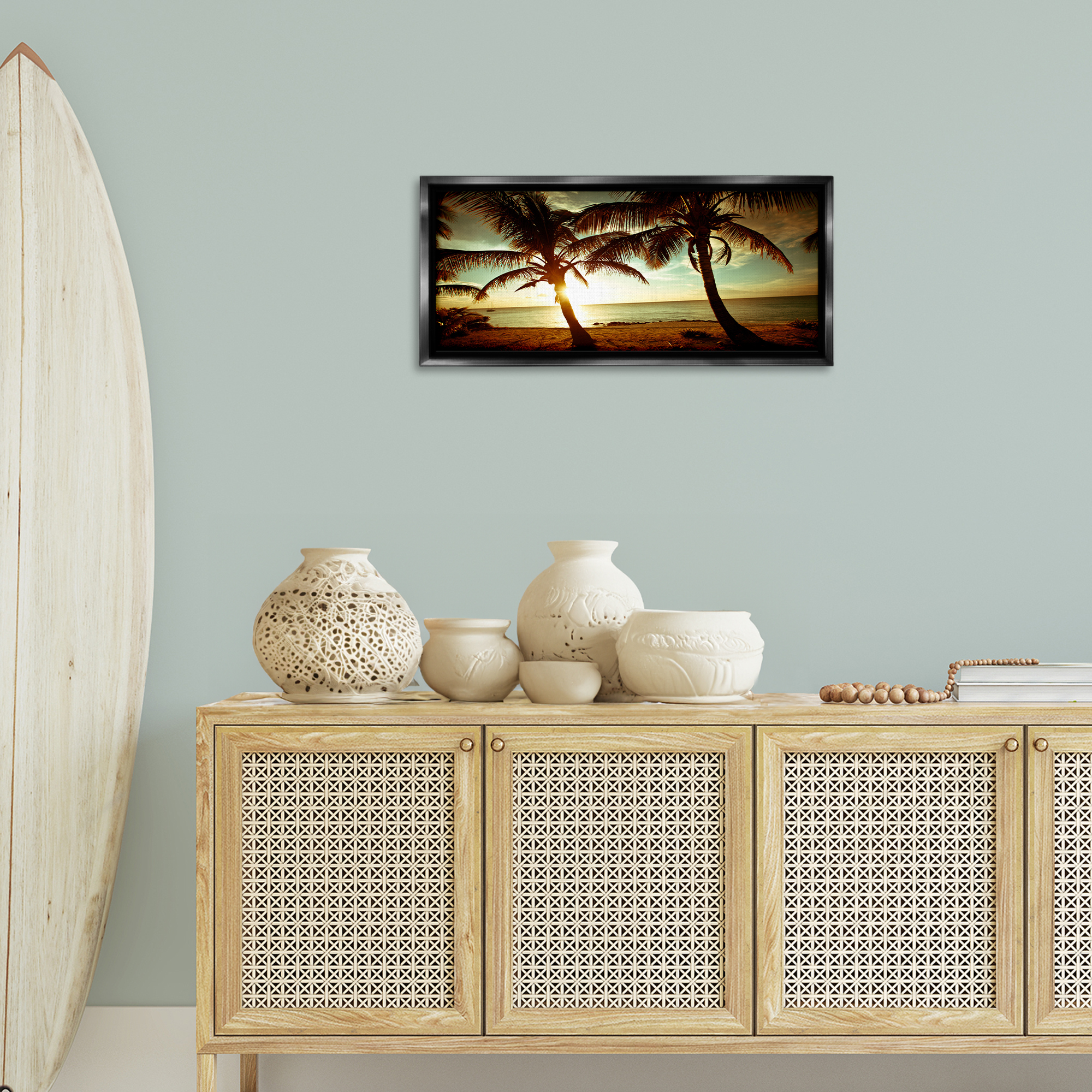 Stupell Industries Sunlit Palm Trees Coastal Photography Black Floater Framed Canvas Art Print Wall Art, 31 x 14