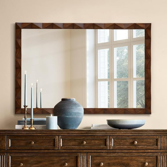 ZALIX Rustic Farmhouse Wall Mirror: 24"x36" Wood Dark Brown Boho Mirrors for Wall Mounted - Art Decorative Mirror for Bedroom/Bathroom/Living Room/Fireplace/Hallway