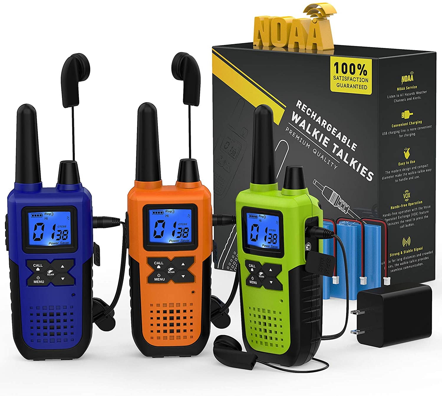 VOX Scan LED Lamplight for Outdoor Activities Yellow Walkie Talkies 2 Pack NOAA & Weather Alerts Up to 32 Miles Long Range USB Rechargeable Walkie Talkies w/ 2662 Channels COTRE Two Way Radios