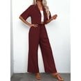 thumbnail image 5 of Women'S Casual 2 Piece Set V-Neck Short-Sleeved Tops Straight Wide Leg Pants Outfit Deep Red XL, 5 of 9
