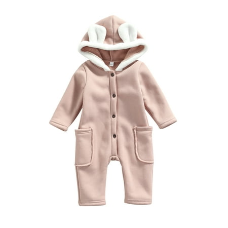 

Fanvereka Baby Contrast Color Romper with Pockets Girls Long Sleeve Button-up Hooded Jumpsuit