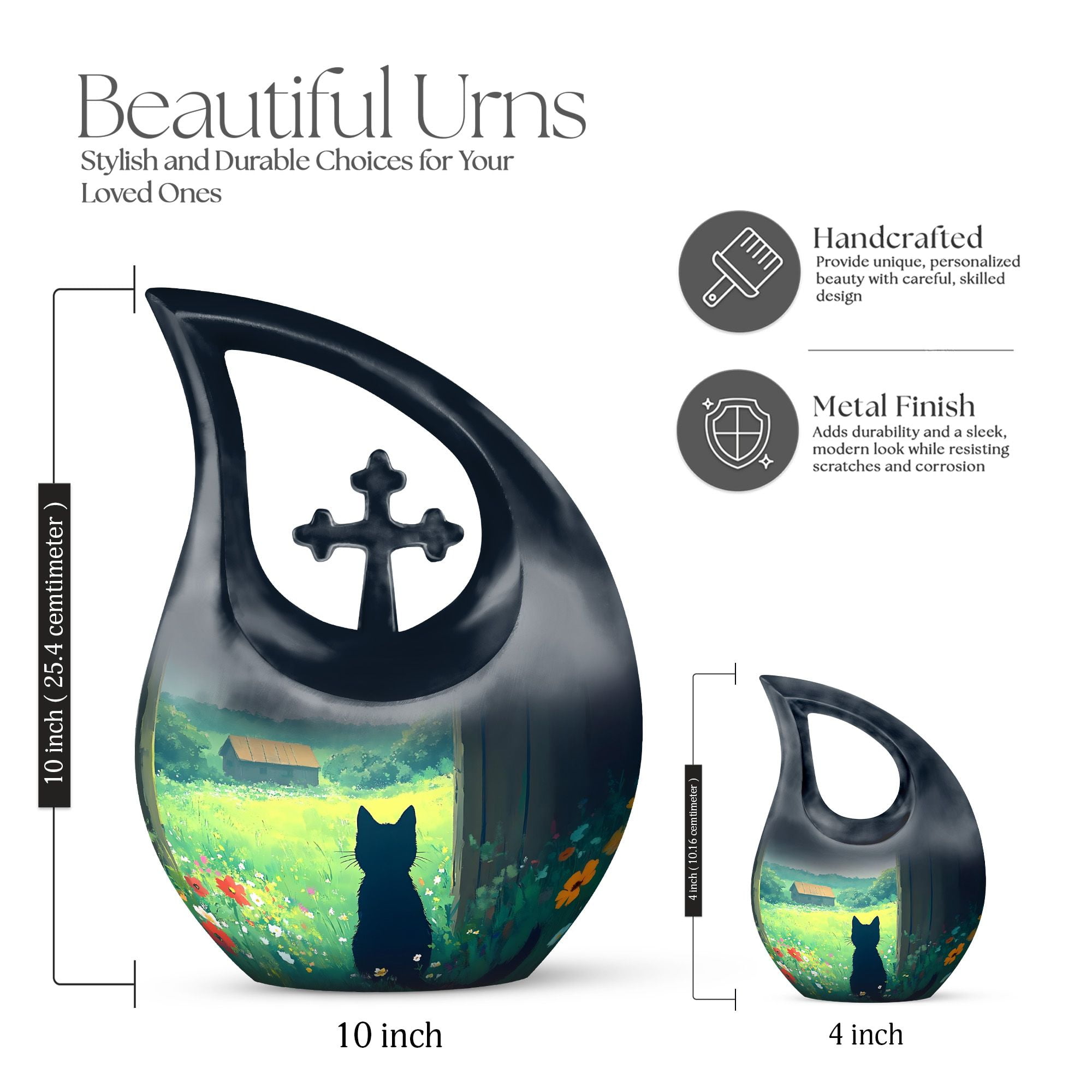 MUKTIVE Black Cat Large Urns for Human Ashes Remains - Flowers Memorial Cross Drop Adult Urns for Human Ashes Men and Women with Velvet Bag - Memorial Gifts for Loss of Mom, 10 Inch
