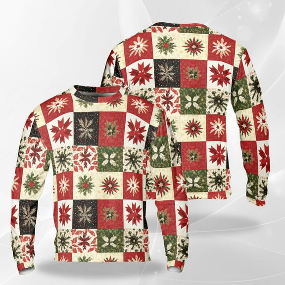 Christmas Patchwork Sweatshirt, Cozy Holiday Crewneck, Red Green Poinsettia and Snowflake Quilt Design, Vintage Christmas Pullover for Men Women