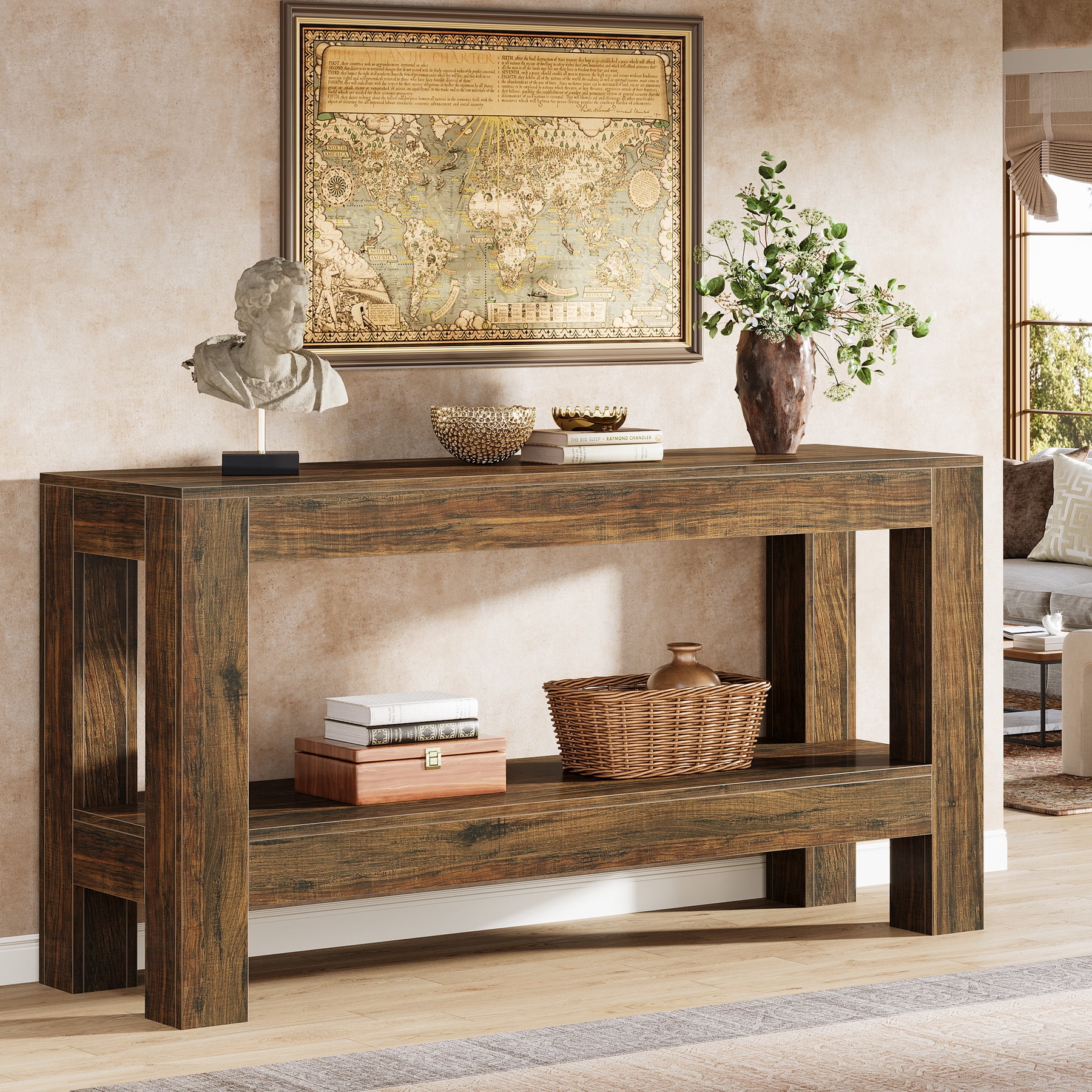 Finmind 62.99'' Wood Console Table: 2-Tier Entryway Sofa Table, Stylish Farmhouse Design with Plenty of Storage Space